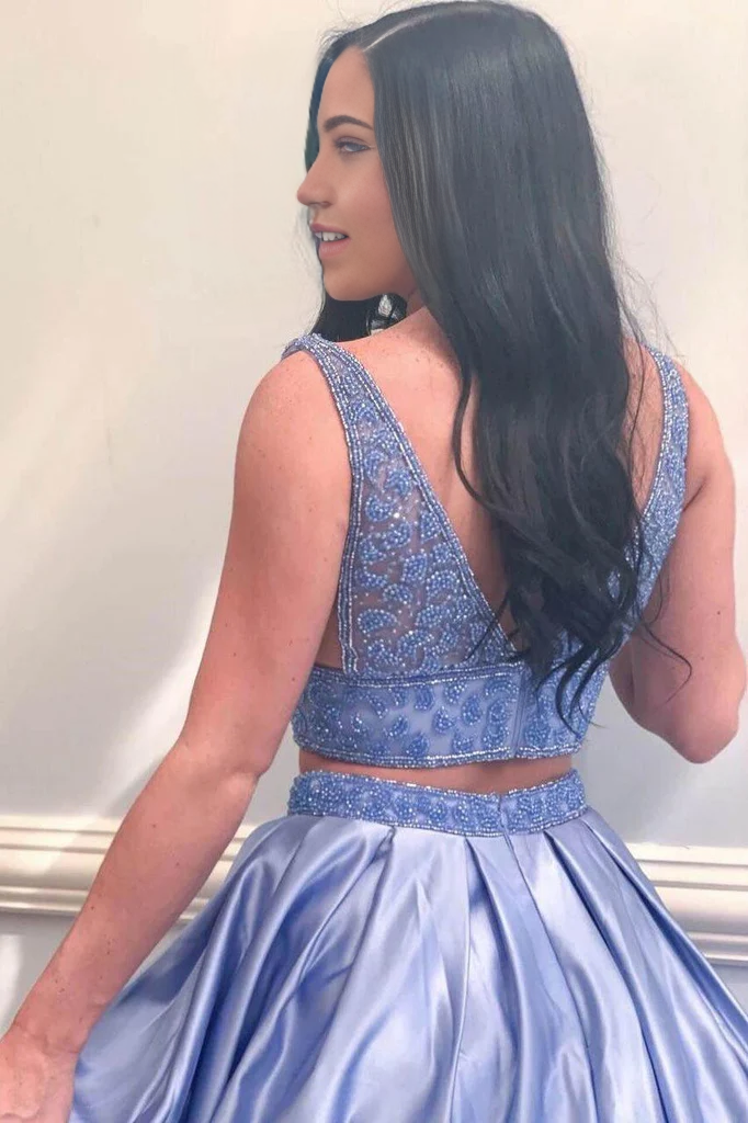 Two Piece V Neck Blue Satin formal dresses Evening Dress Prom Dress With Beading
